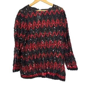 Vintage 80s Sequin Red Black Retro Nylon Blouse Womens Large Christmas Holidays